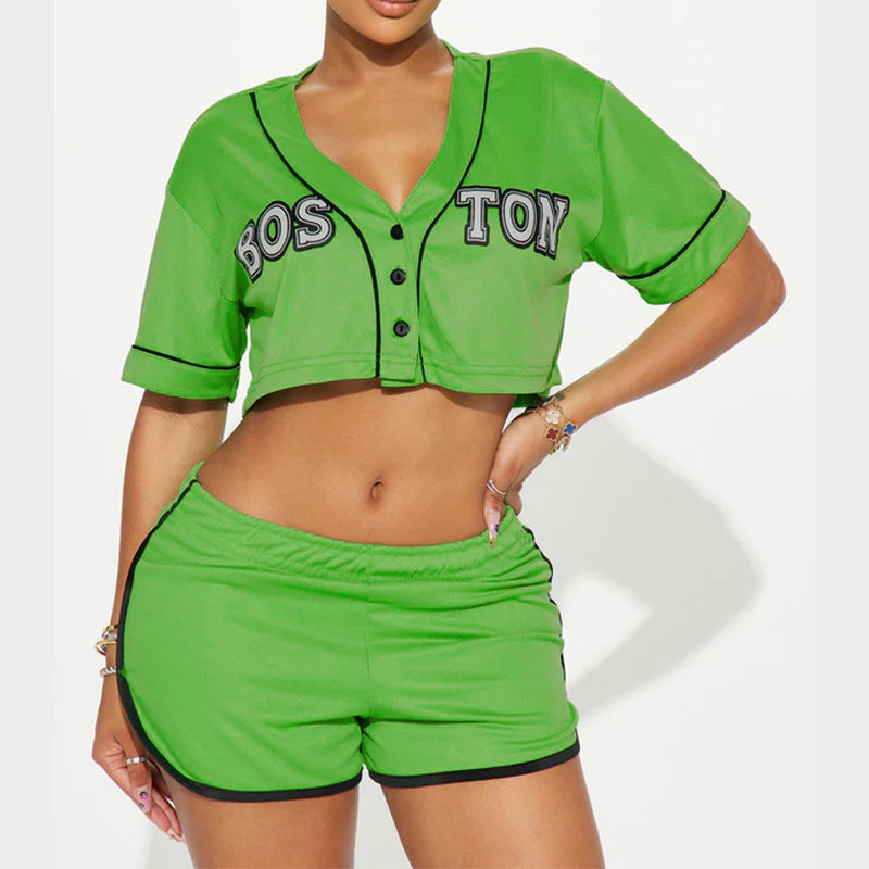 Women's Spring Sports Collar Button Elastic Waist Suits