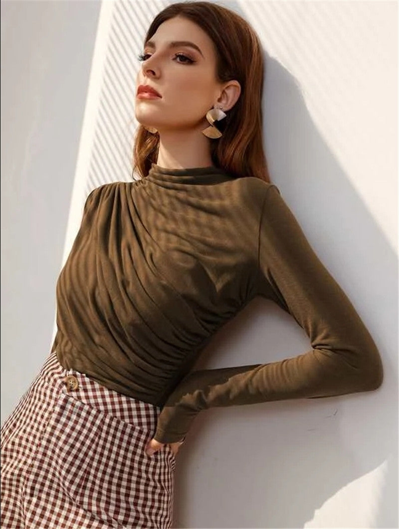 Small Turtleneck Design Pleating Versatile Long-sleeved Tops