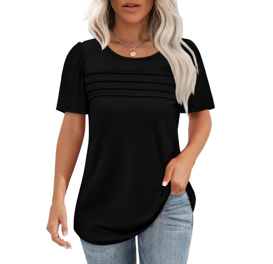 Women's Summer Round Neck Sleeve Chest Tuck Line Blouses