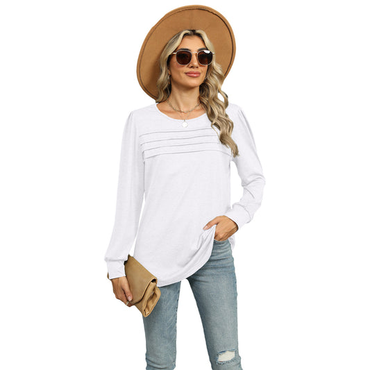 Women's Solid Color Pleated Long-sleeved T-shirt For Tops