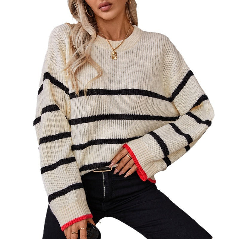 Women's Contrast Color Striped Pullover Casual Long-sleeved Sweater