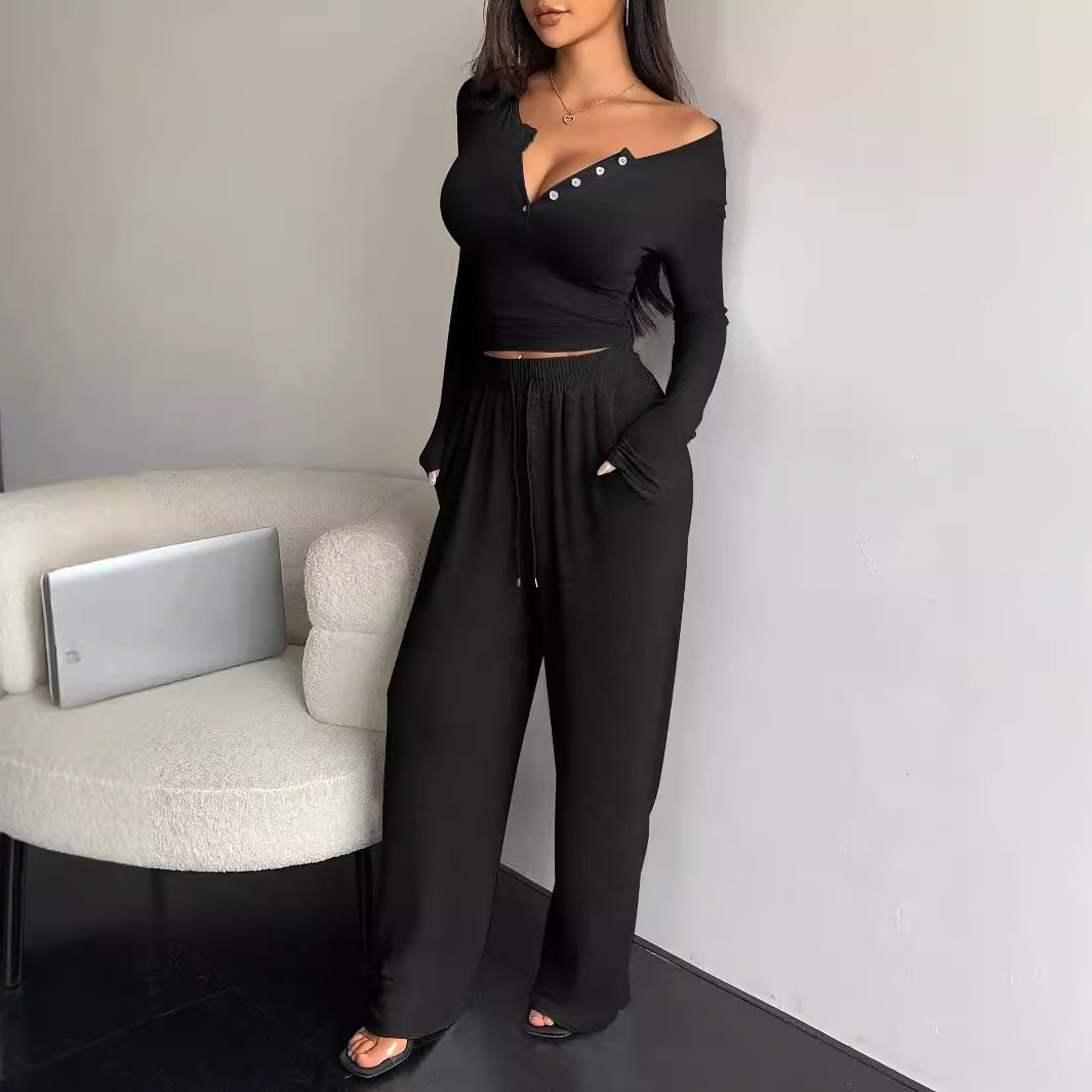 Women's Button Pure Color Tight Lengthened Trousers Suits