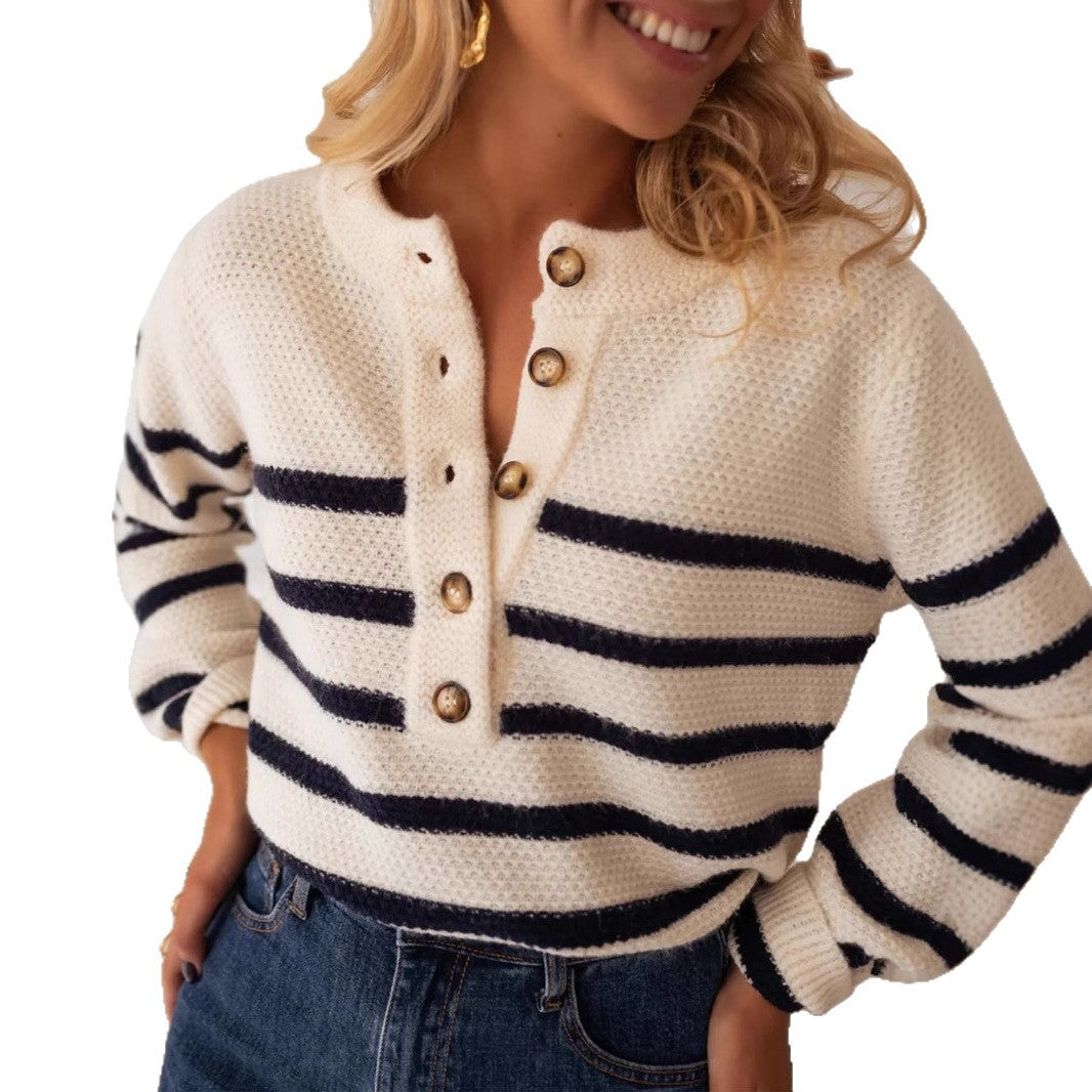 Women's Striped Pullover Fashion With Buttons Sweater
