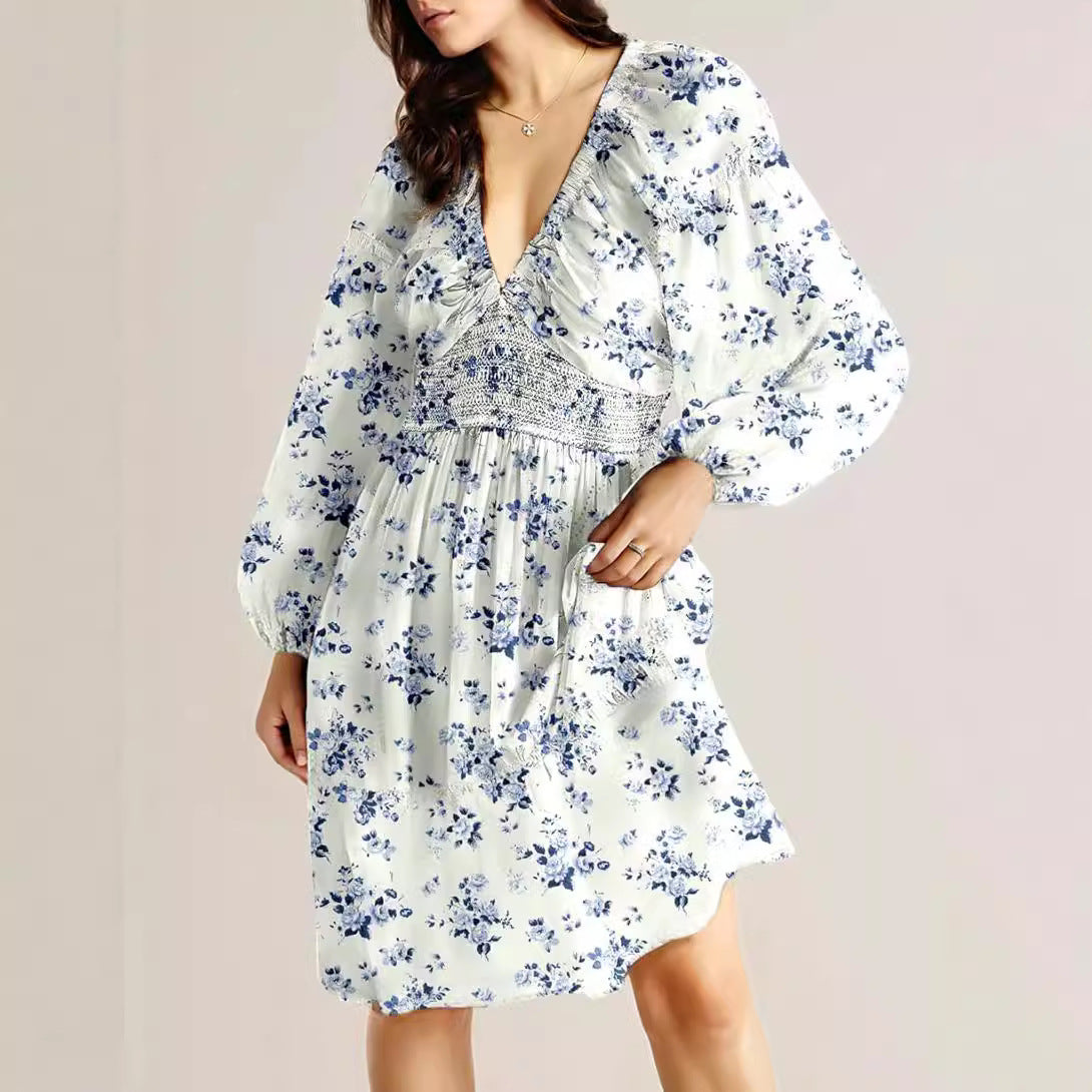 Sleeve Pleated Elastic Waist Casual Word Dresses