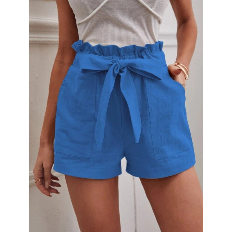 Women's Linen Leisure Pocket Solid Color Waist Shorts