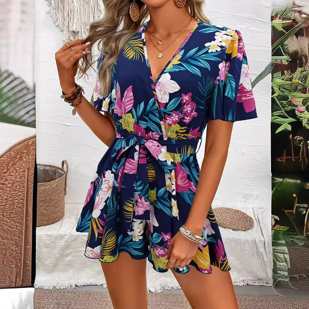 Women's Beach Vacation Style Ruffle Sleeve Cross Jumpsuits