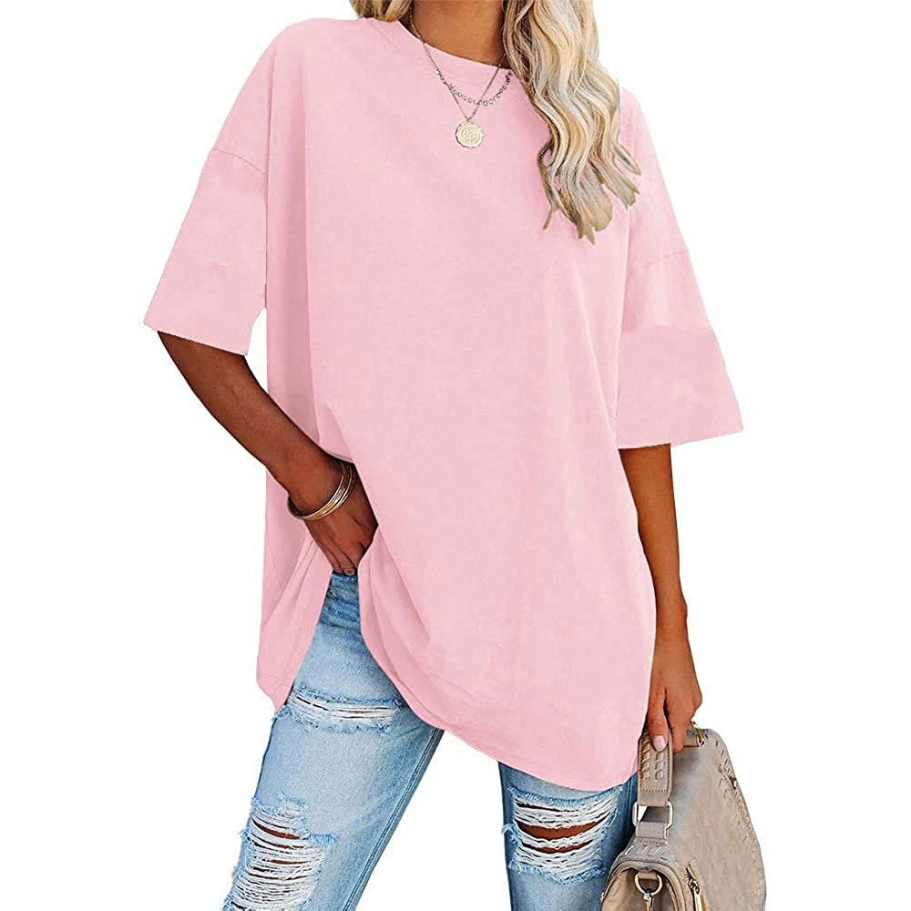 Women's Color Loose Half Sleeve Round Neck Blouses