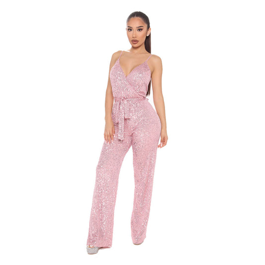 Spring Sleeveless Backless Pure Color Sequins Slim Jumpsuits