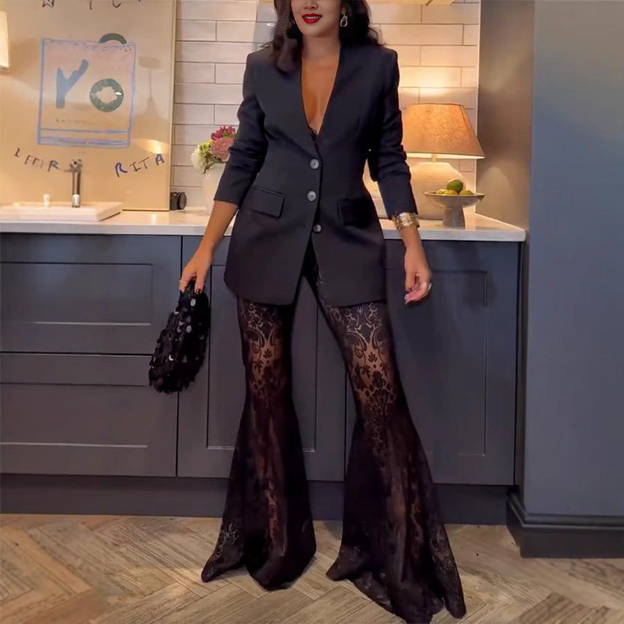 Women's Long Sleeve Casual Loose Lace Two-piece Suits