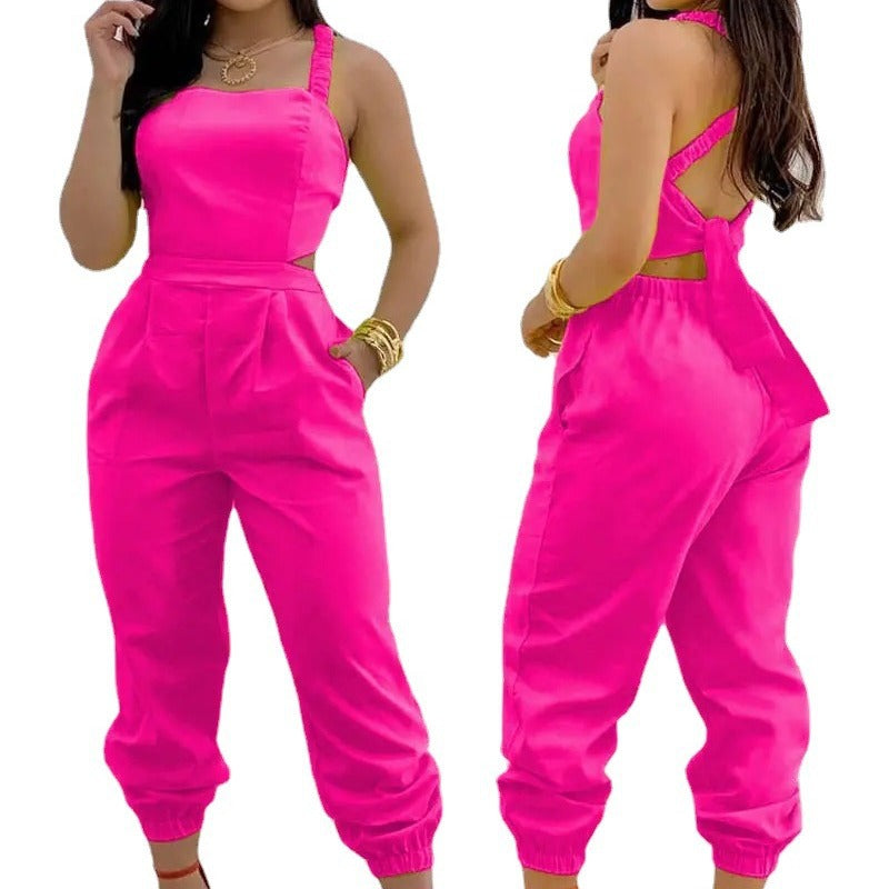 Women's Sling Backless Bow Printed High Waist Jumpsuits