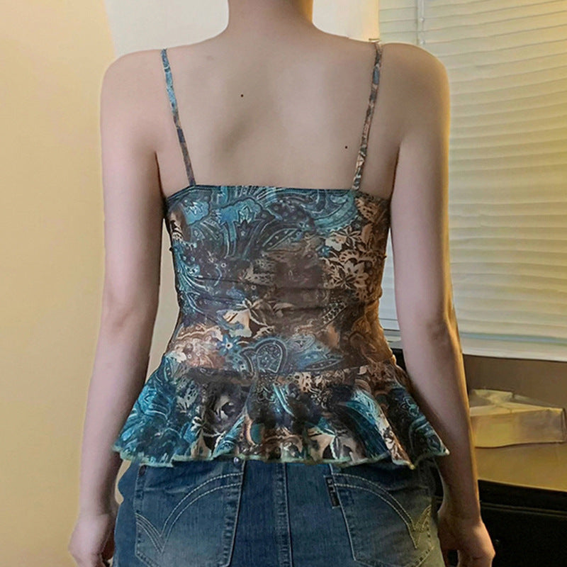 Retro Printed Beaded Sexy Backless Gauzy Tops