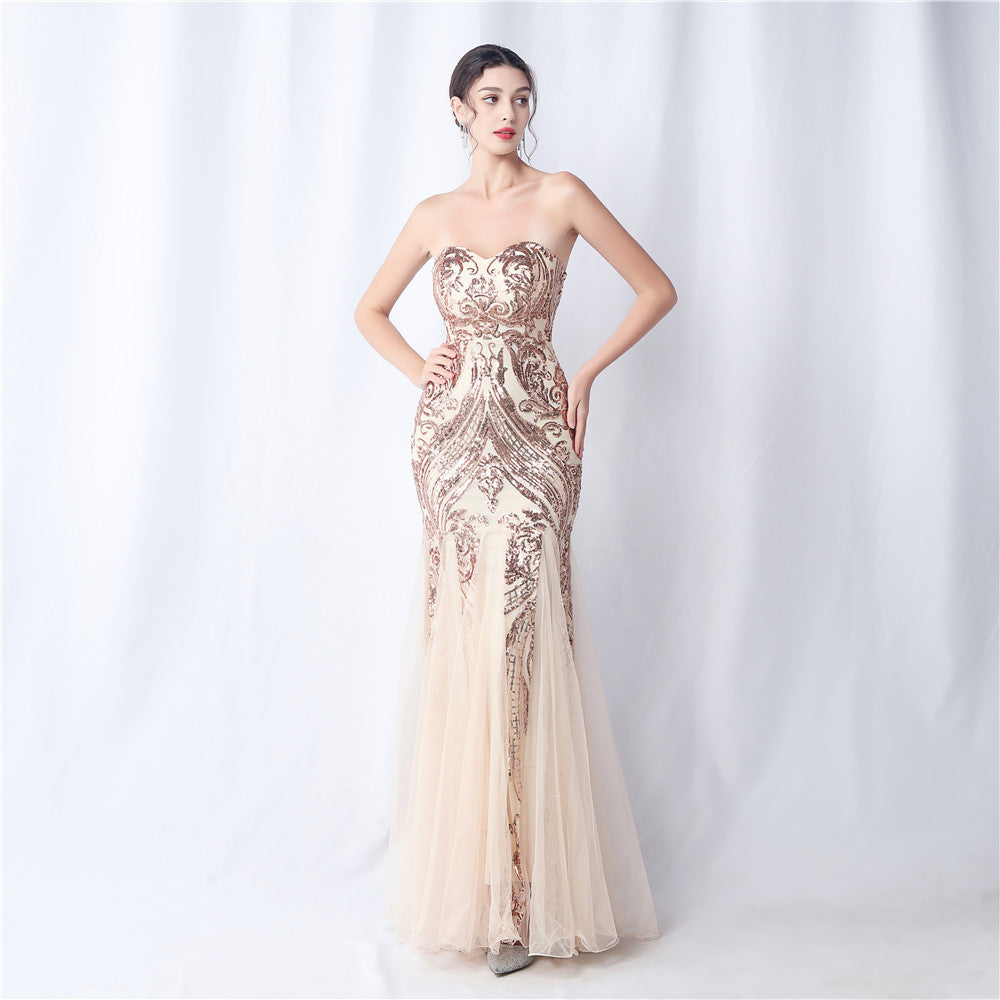 Flower Cut Mesh Sequin Dinner Toast Evening Dresses