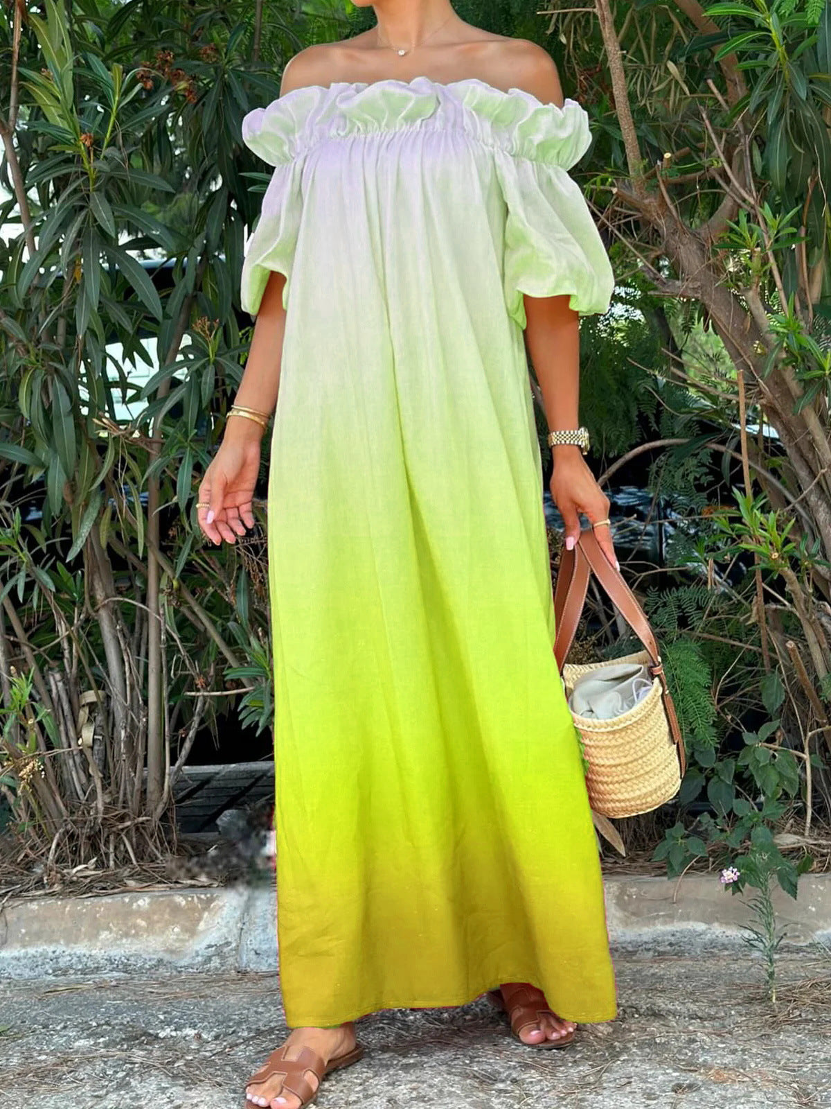 Gradient Backless Lazy Puff Sleeve Loose Dress