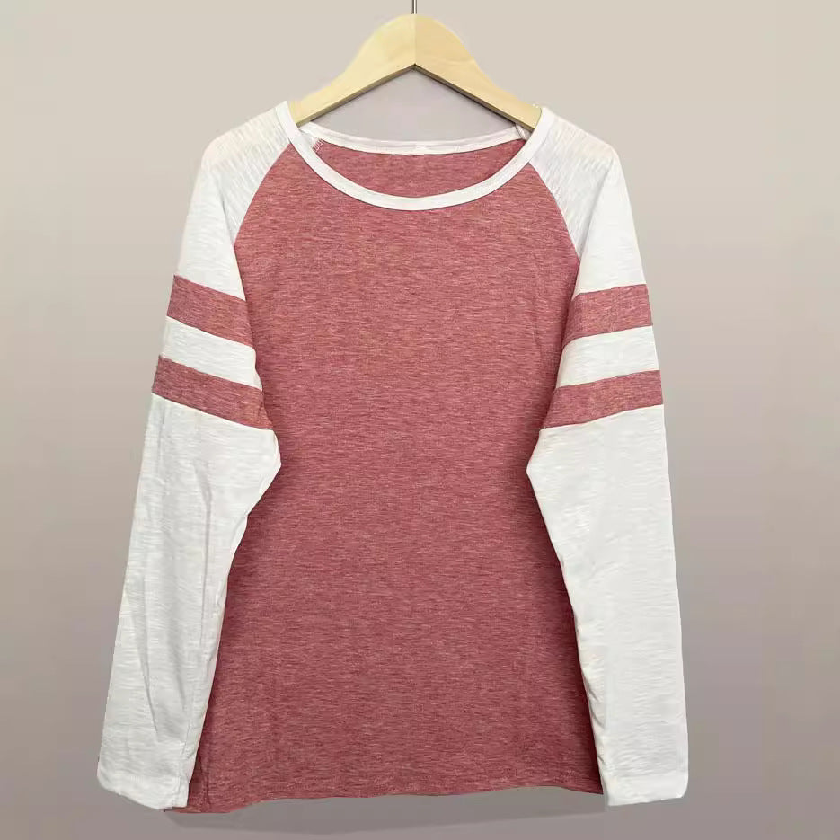 Striped Stitching Long Sleeve T-shirt Round Blouses