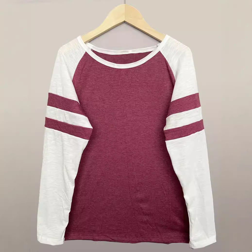 Striped Stitching Long Sleeve T-shirt Round Blouses
