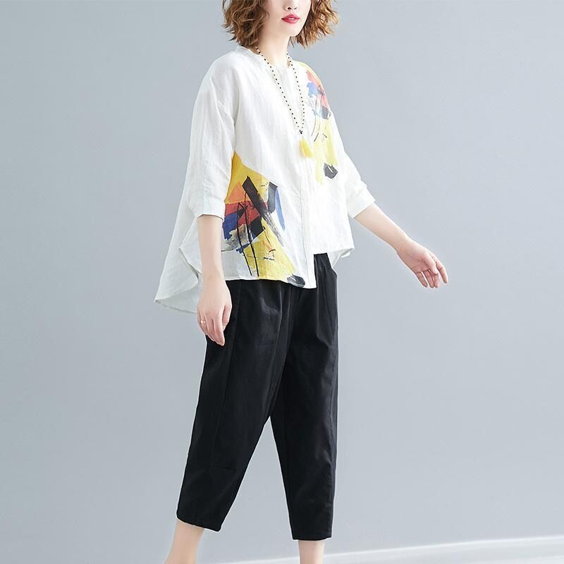 Women's Summer Loose Printed Chiffon Irregular White Shirt Casual Suits