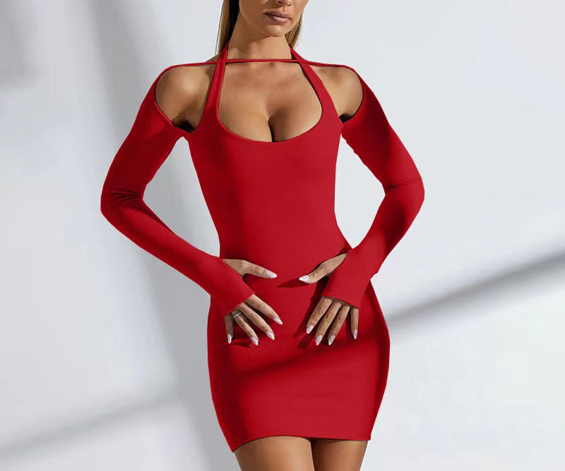 Women's Solid Color Sexy Long-sleeved Halter Sheath Dress