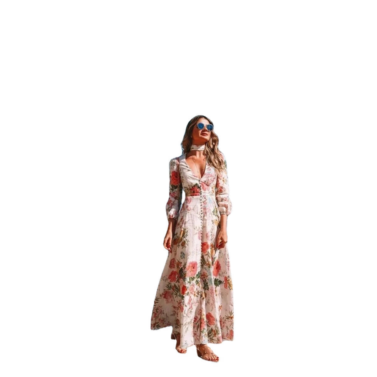 Floral Print Deep Long Sleeve Big Dresses