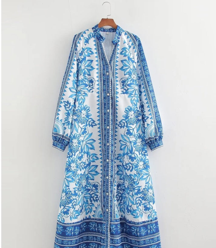 Women's Printed Loose Single-breasted Lantern Sleeve Vacation Dresses