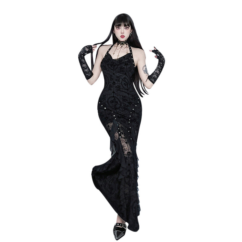 Flocking Swing Collar Suspender Dress Dark Dresses