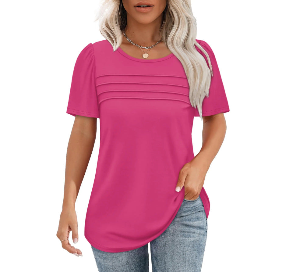 Women's Summer Round Neck Sleeve Chest Tuck Line Blouses