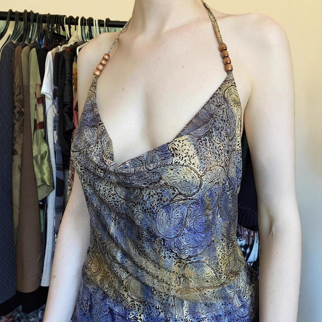 Color Printed Sexy Beaded Halter Backless Hot Tops