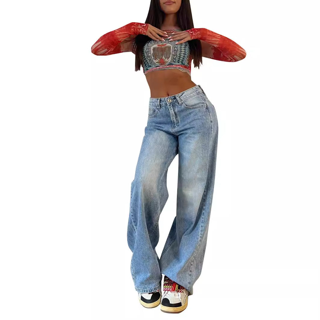 Women's Retro American Style Long Hot Loose Jeans