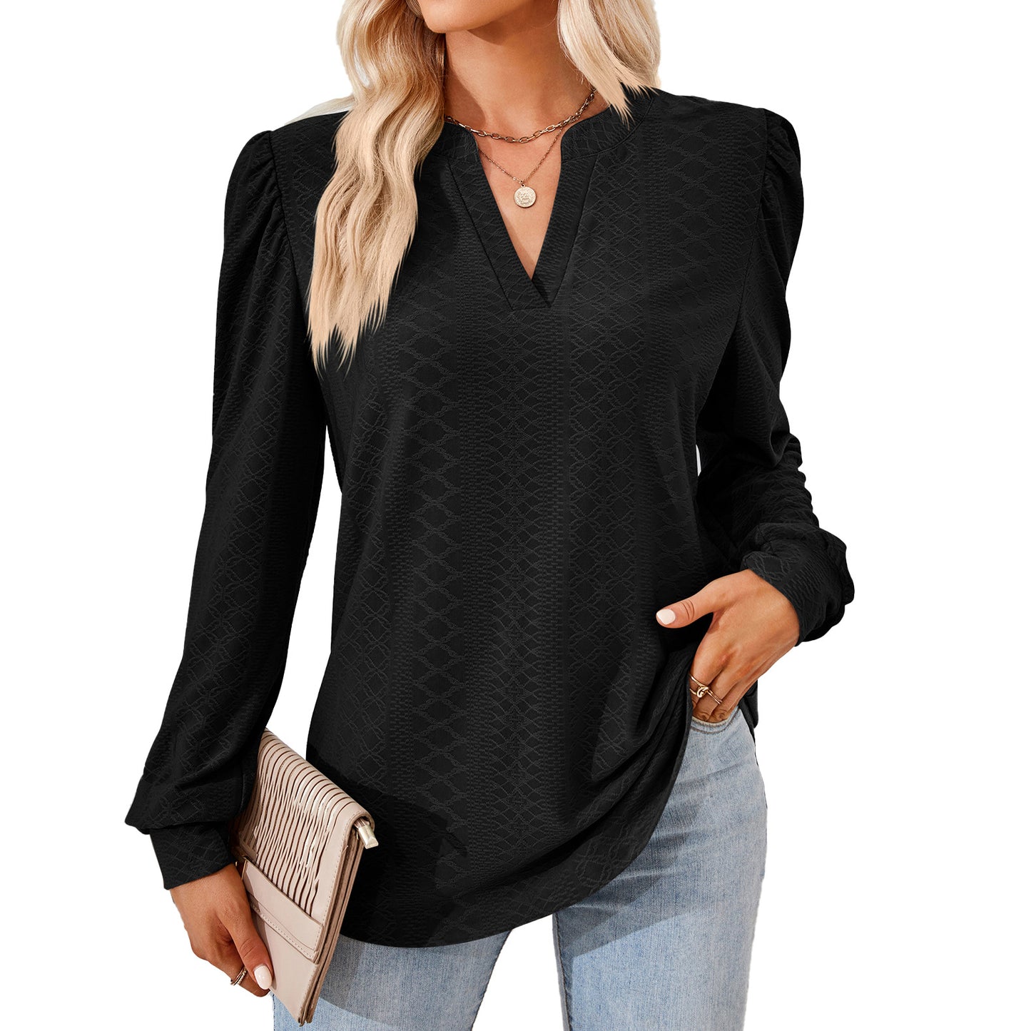 Women's Solid Color Jacquard Long Sleeve Loose-fitting Blouses