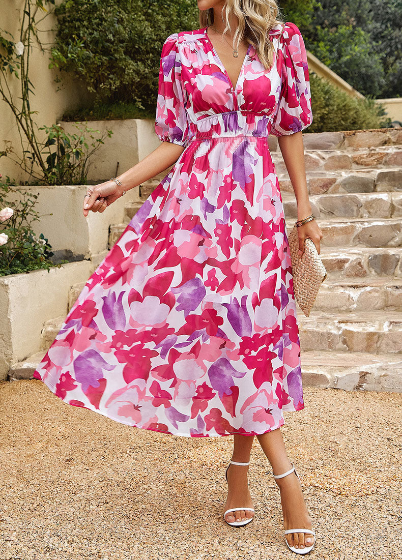 Women's Summer Sleeve Temperament Chiffon Printed Dress Dresses