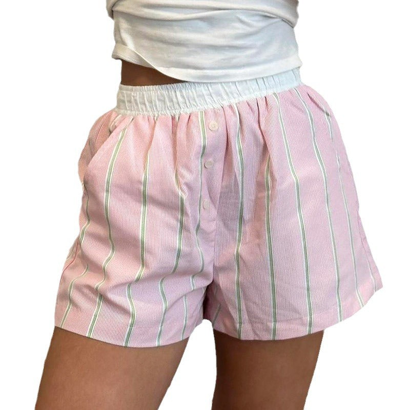 Women's Summer Striped Woven Elastic High Waist Button Loose Casual Pants