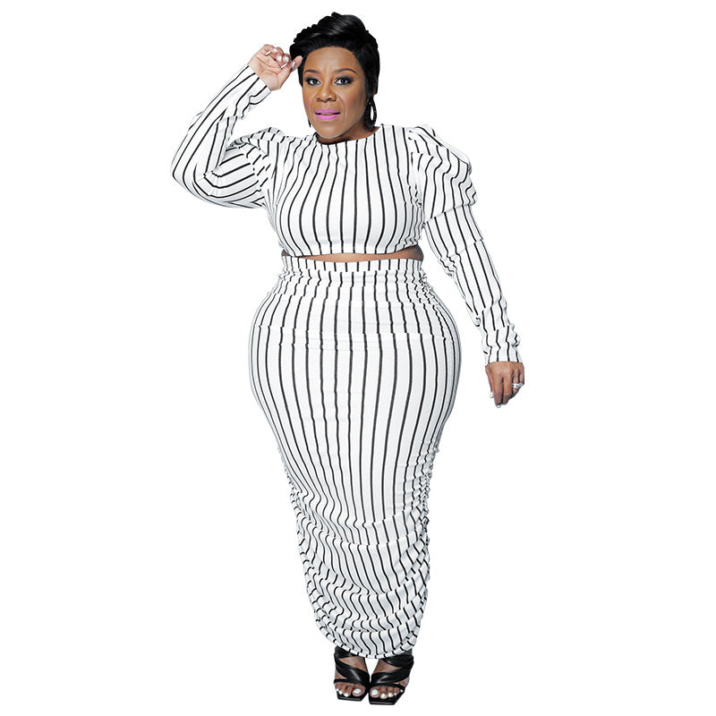 Women's Summer Striped Printed Bubble Long Sleeve Suits