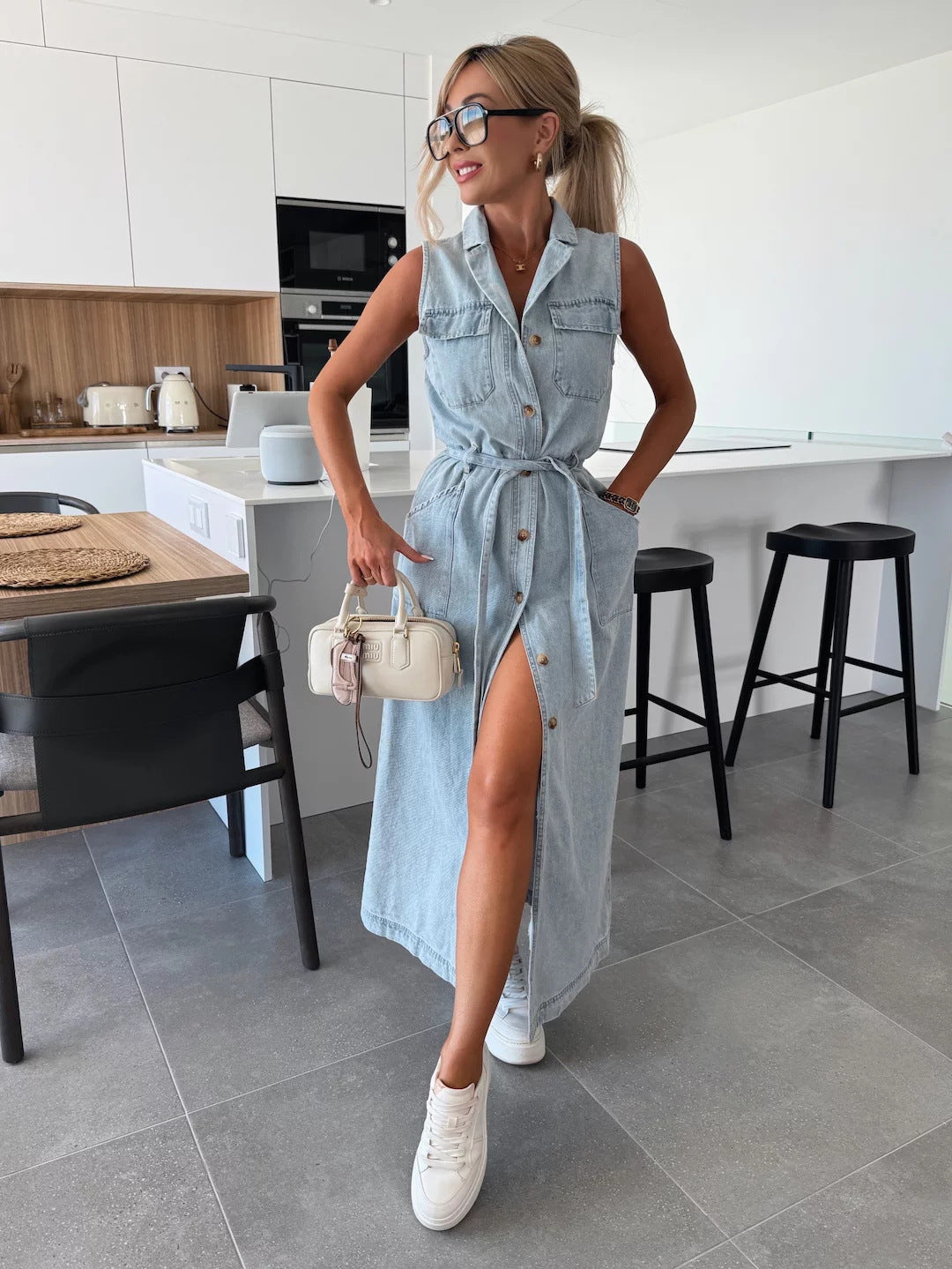 Sleeveless Long Tie Waist Single-breasted Denim Dresses