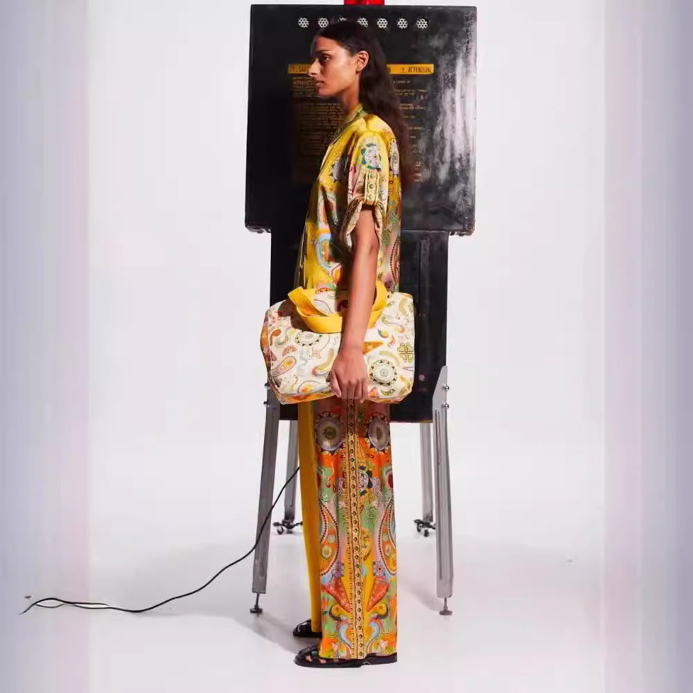 Satin Printed Flowers Sleeve Vacation Leisure Suits
