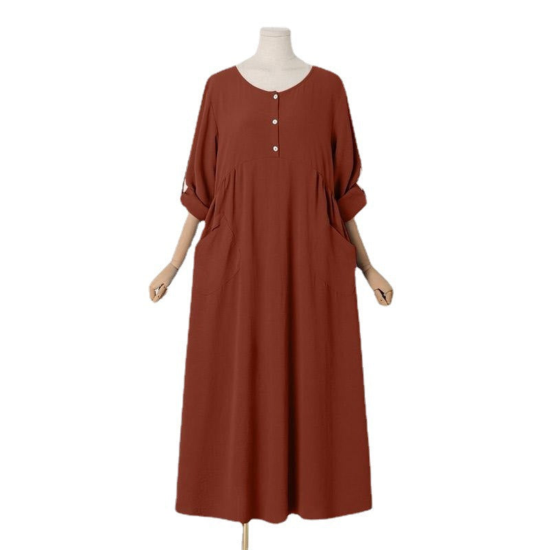 Women's Casual Loose Turned Cuff Long Sleeve Round Neck Dresses