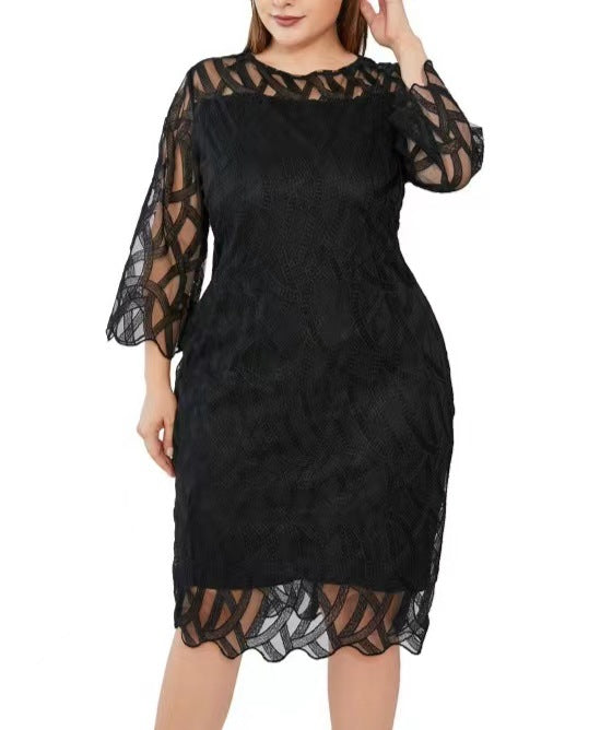 Woman Embroidered Solid Color Round Neck Dress