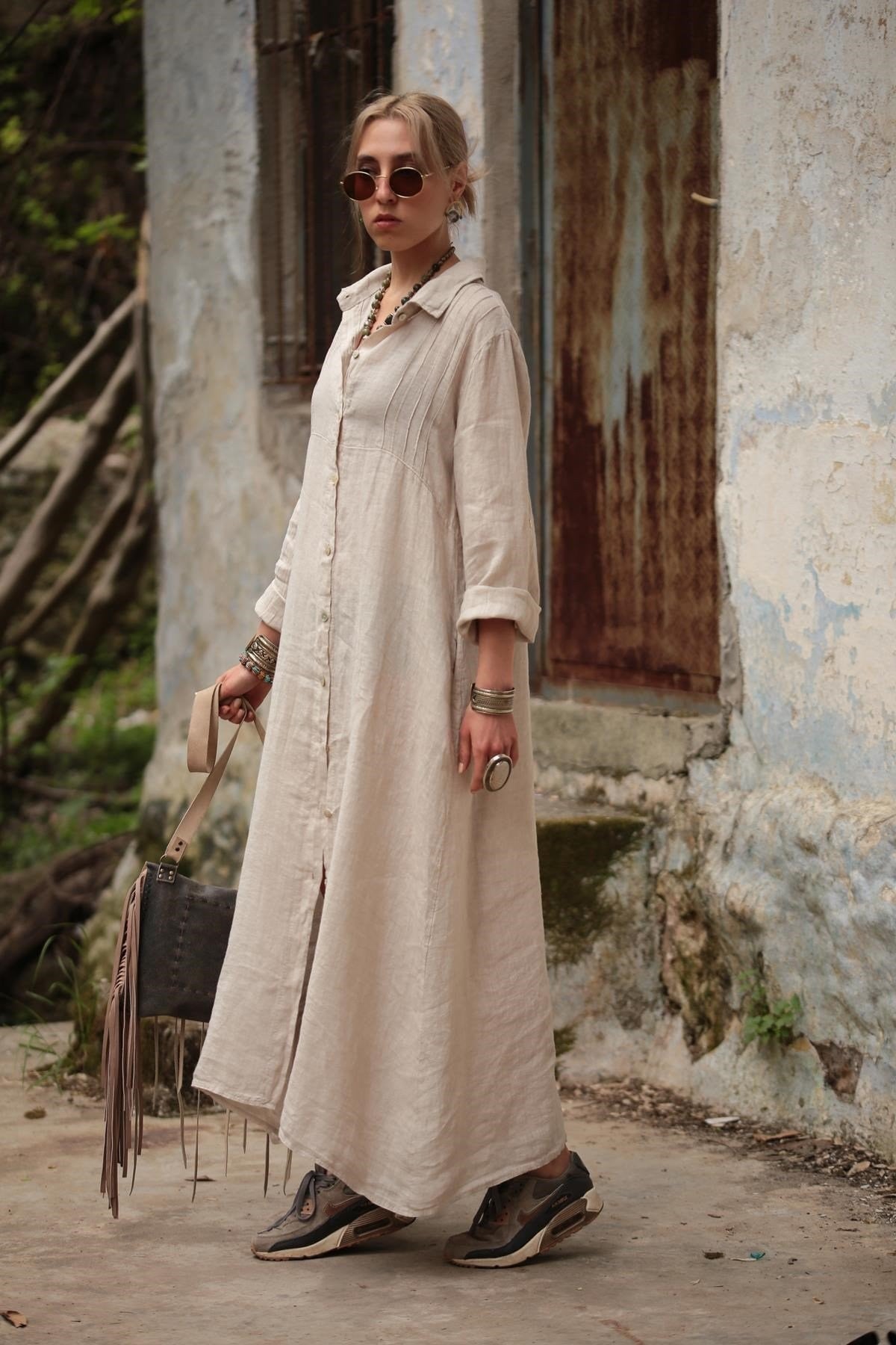 Solid Color Stand Collar Long Sleeve Dress