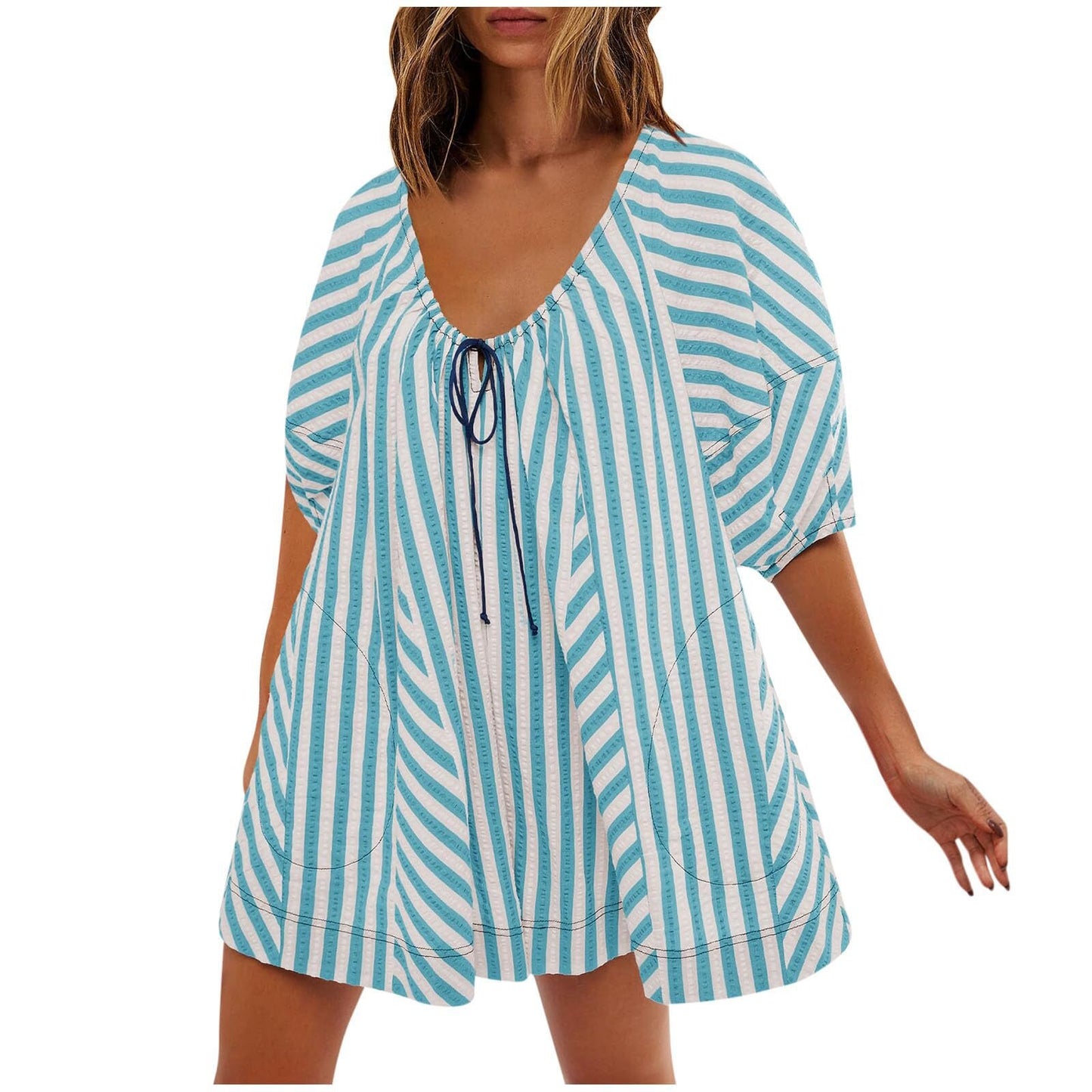 Women's Summer Short-sleeved Striped Shirt Slimming Casual Jumpsuits