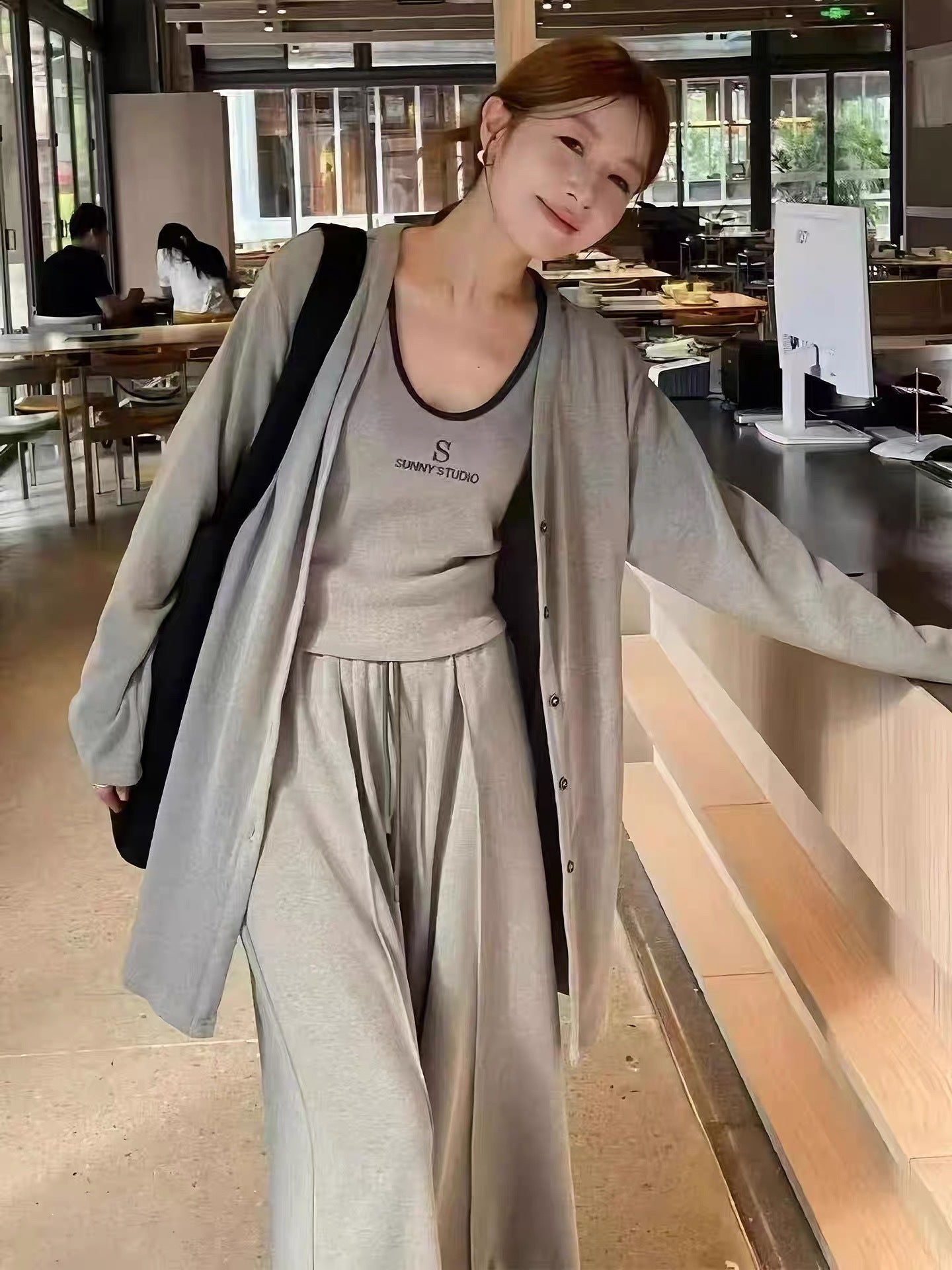 Embroidered Letter Wide Leg Three-piece Set Coats