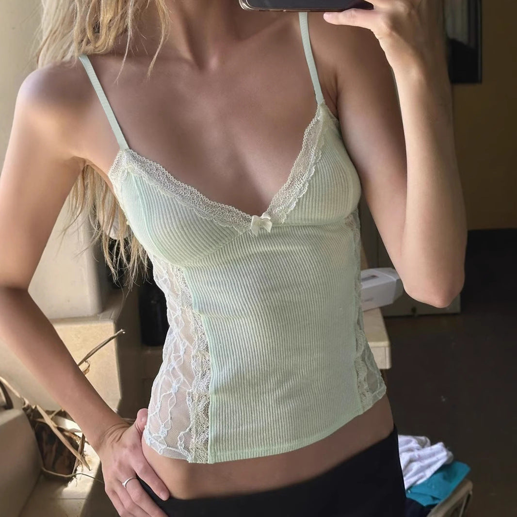 Style Dopamine Lace Stitching Small Sling Sexy Tops