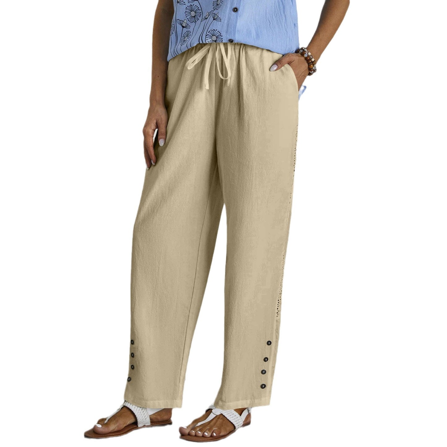 Women's Cotton Linen Drawstring Pocket Lace Button Pants