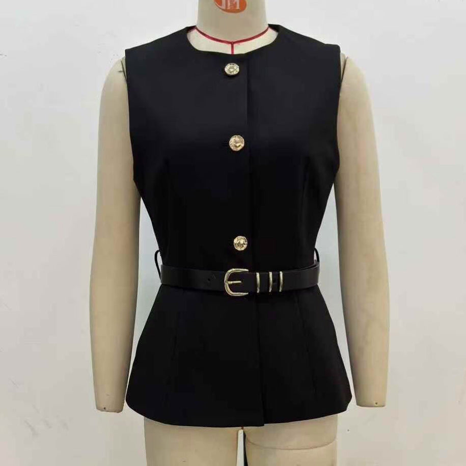 Women's Spring Round Neck Sleeveless With Belt Tops