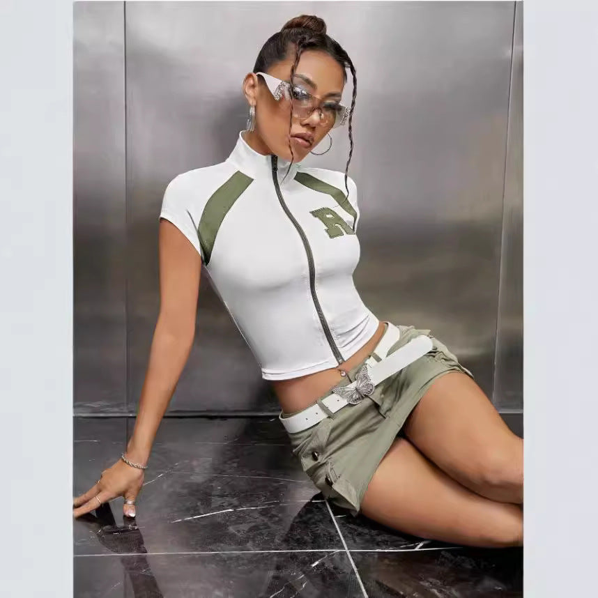Women's Style Zipper Sleeveless T-shirt Summer Chic Pure Blouses