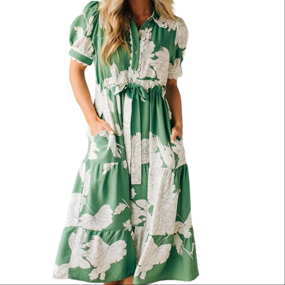 Lapel Print Ribbon Stitching Bohemian Holiday Dress