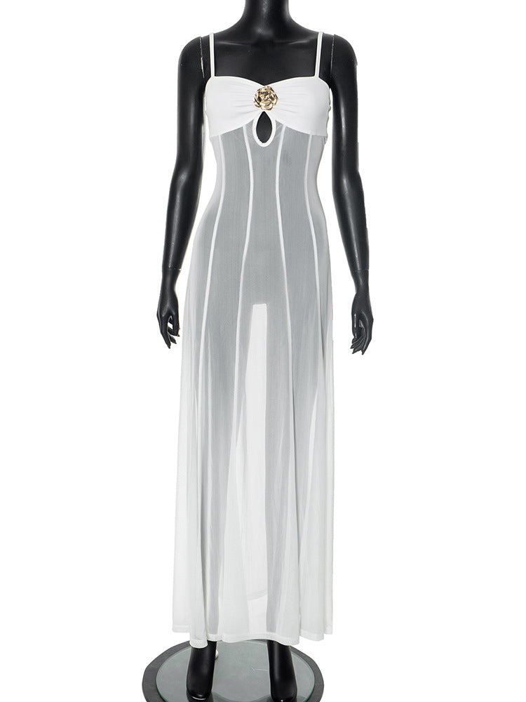 Women's Strap Front Chest Floral Metal Decoration Dresses
