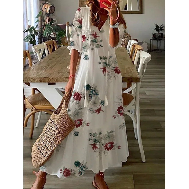 Casual Sweet Loose Printed Tassel Long Dresses