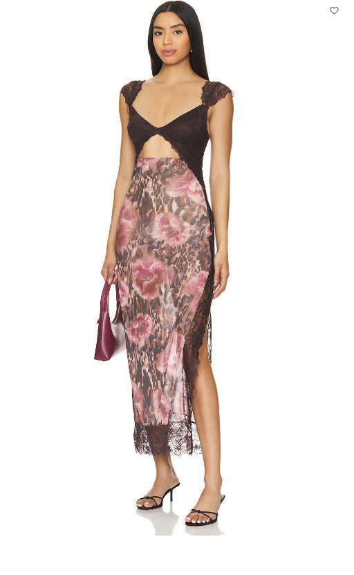 Women's Lace Backless Shoulder Strap Stitching Slit Dresses