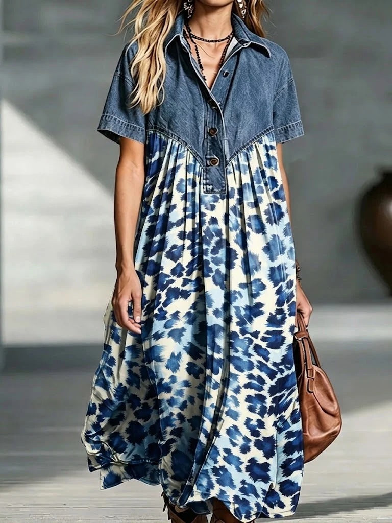 Women's Casual Fashion Denim Stitching Loose Retro Dress