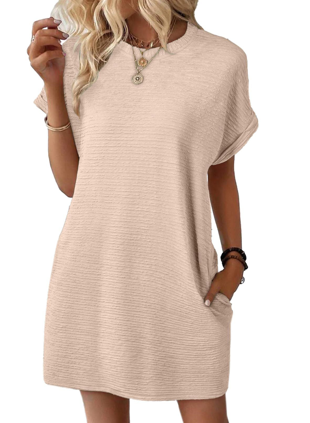Women's Round Neck Pocket Solid Color Sleeve Shorts