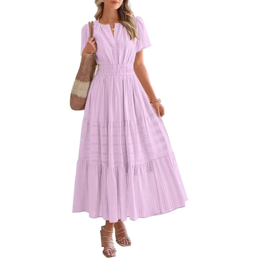 Women's Fashion Pleated Puff Sleeve Swing Dress Dresses