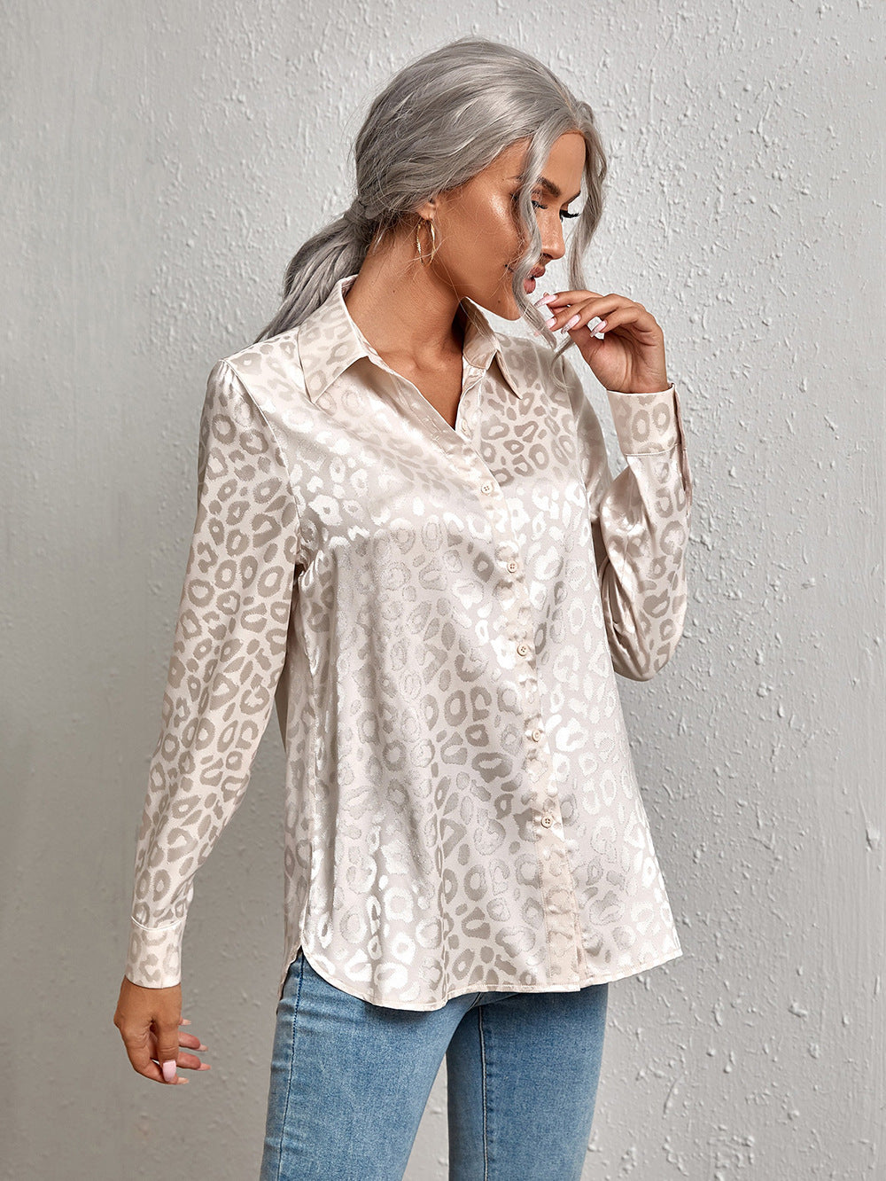 Women's Lapel Open Button Leopard Jacquard Shirt Temperament Blouses